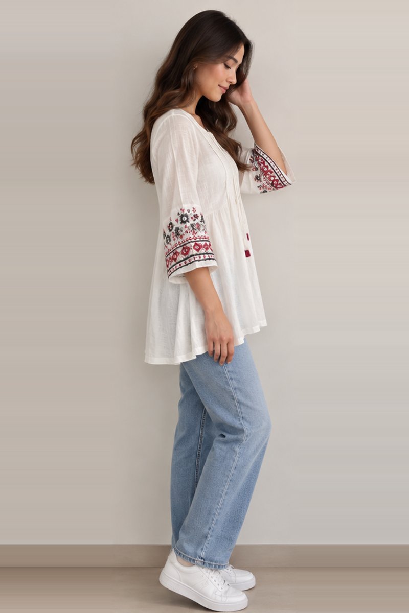 White embroidered fusion top