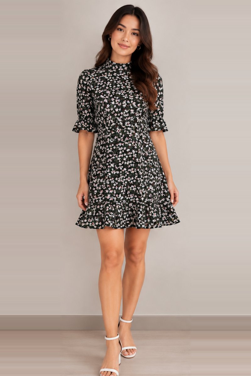 Black floral turtleneck A-line dress