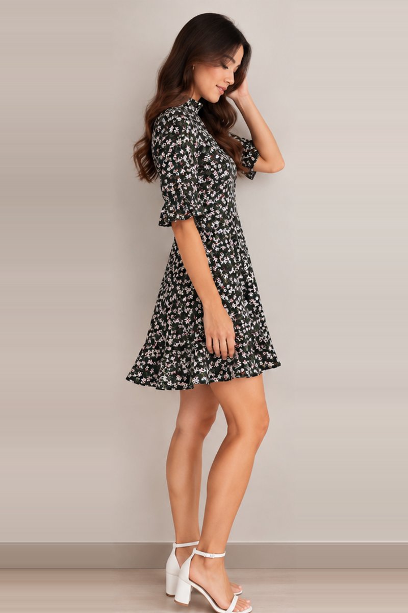 Black floral turtleneck A-line dress