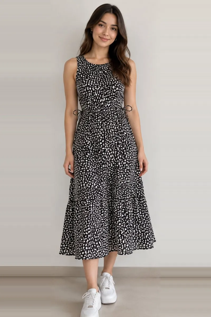 Vintage black and white spotted midi dress, size S