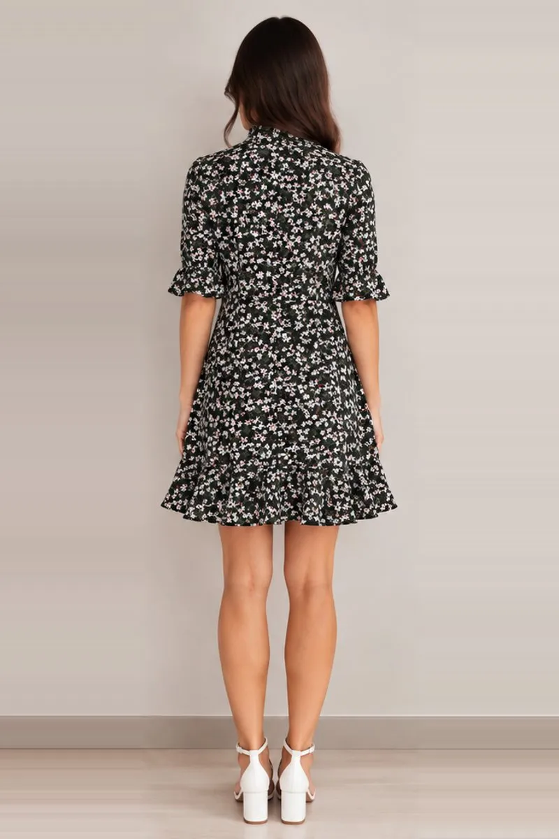 Vintage black floral turtleneck A-line dress, size S, photo 2 of 6