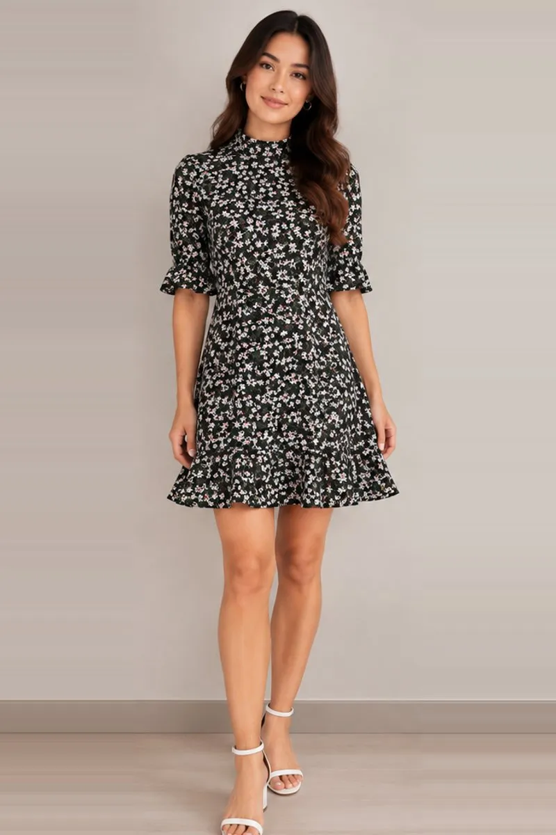 Vintage black floral turtleneck A-line dress, size S