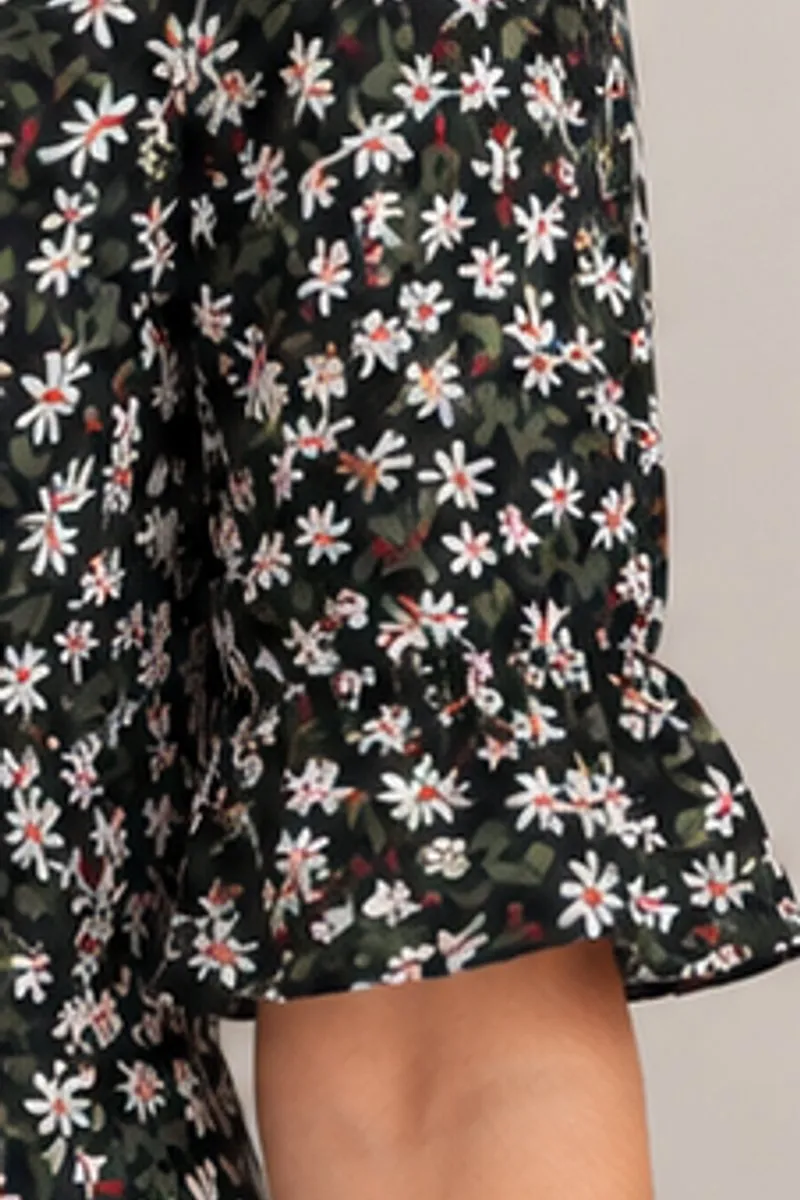 Vintage black floral turtleneck A-line dress, size S, photo 5 of 6