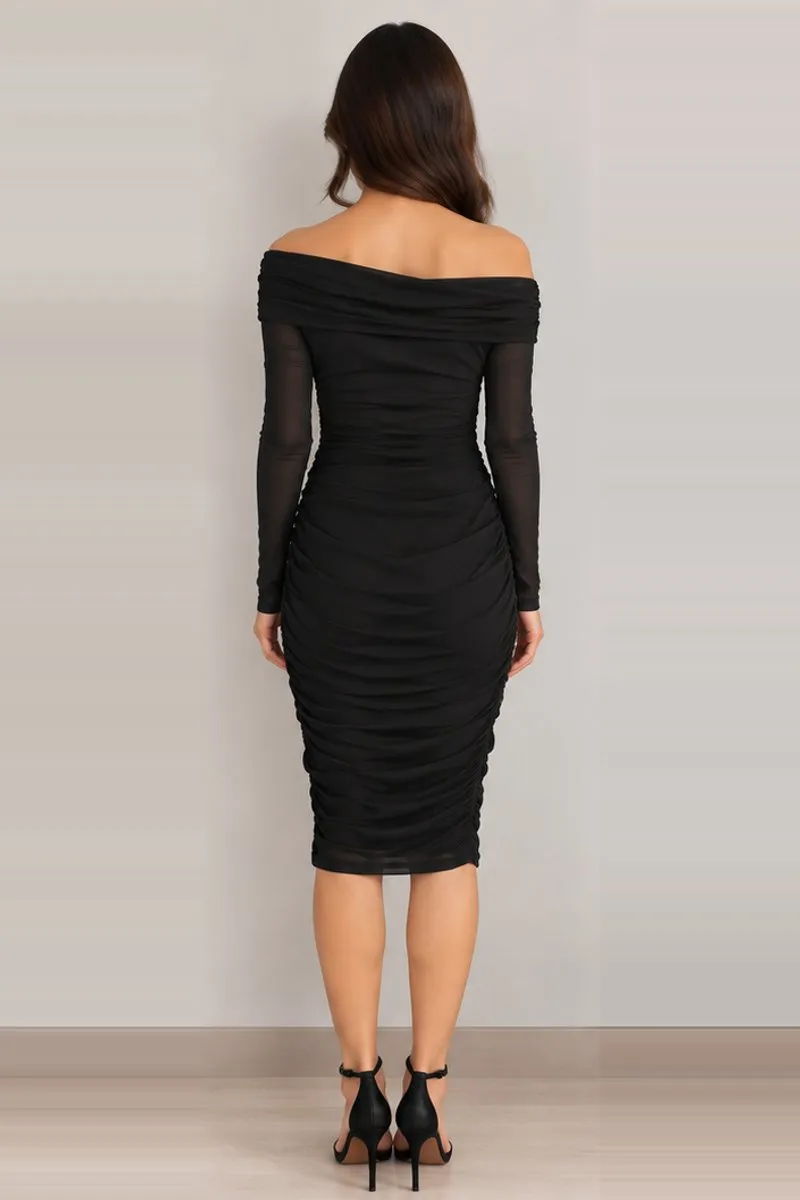 Vintage Savana black off-shoulder ruched bodycon dress, size S, photo 2 of 6