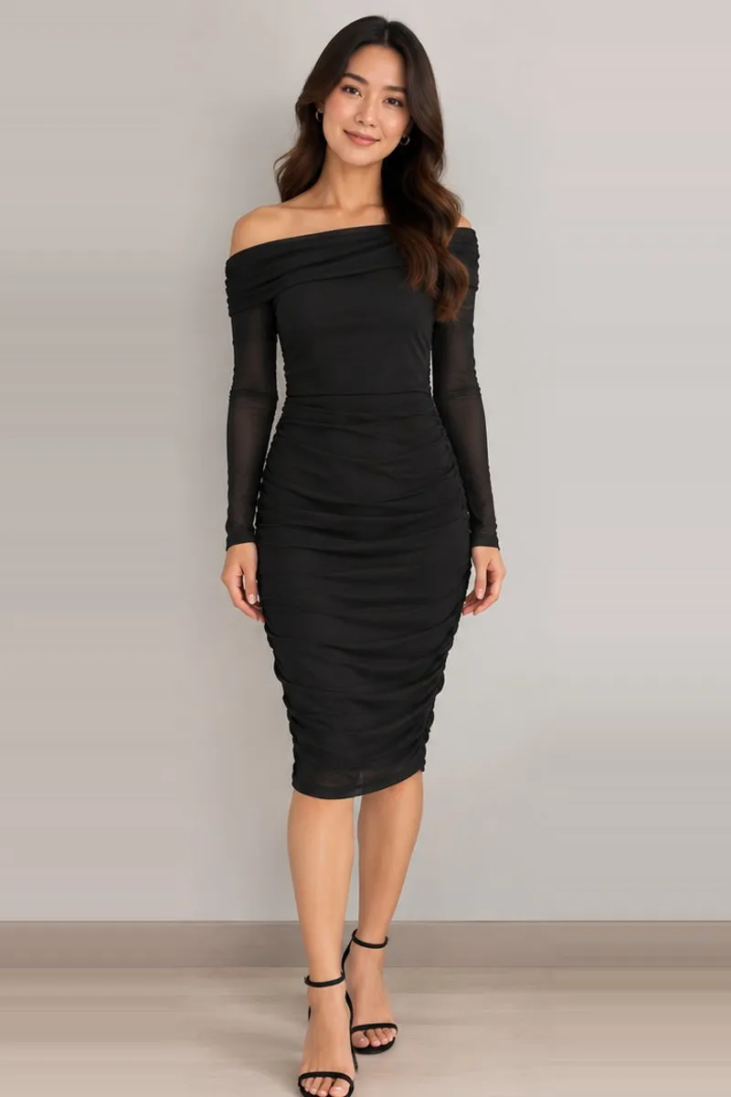 Vintage Savana black off-shoulder ruched bodycon dress, size S