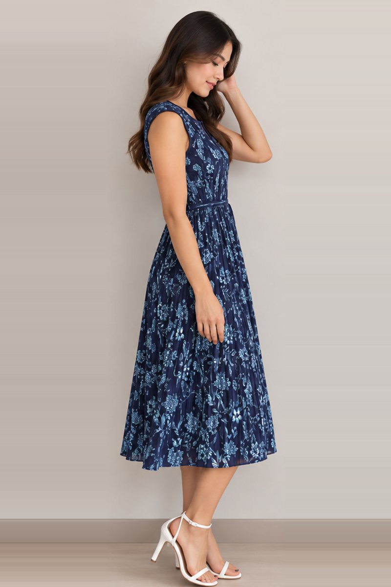 Navy floral fit and flare midi dress