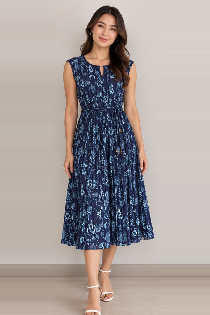 Navy floral fit and flare midi dress