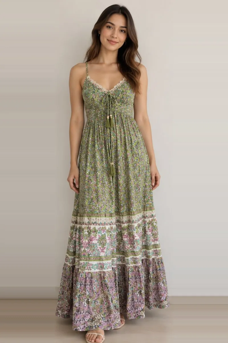 Vintage green floral maxi dress, size M