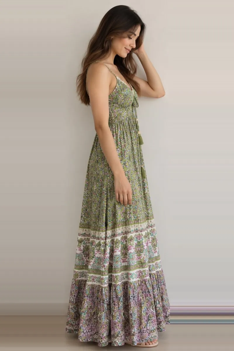 Vintage green floral maxi dress, size M, photo 3 of 6