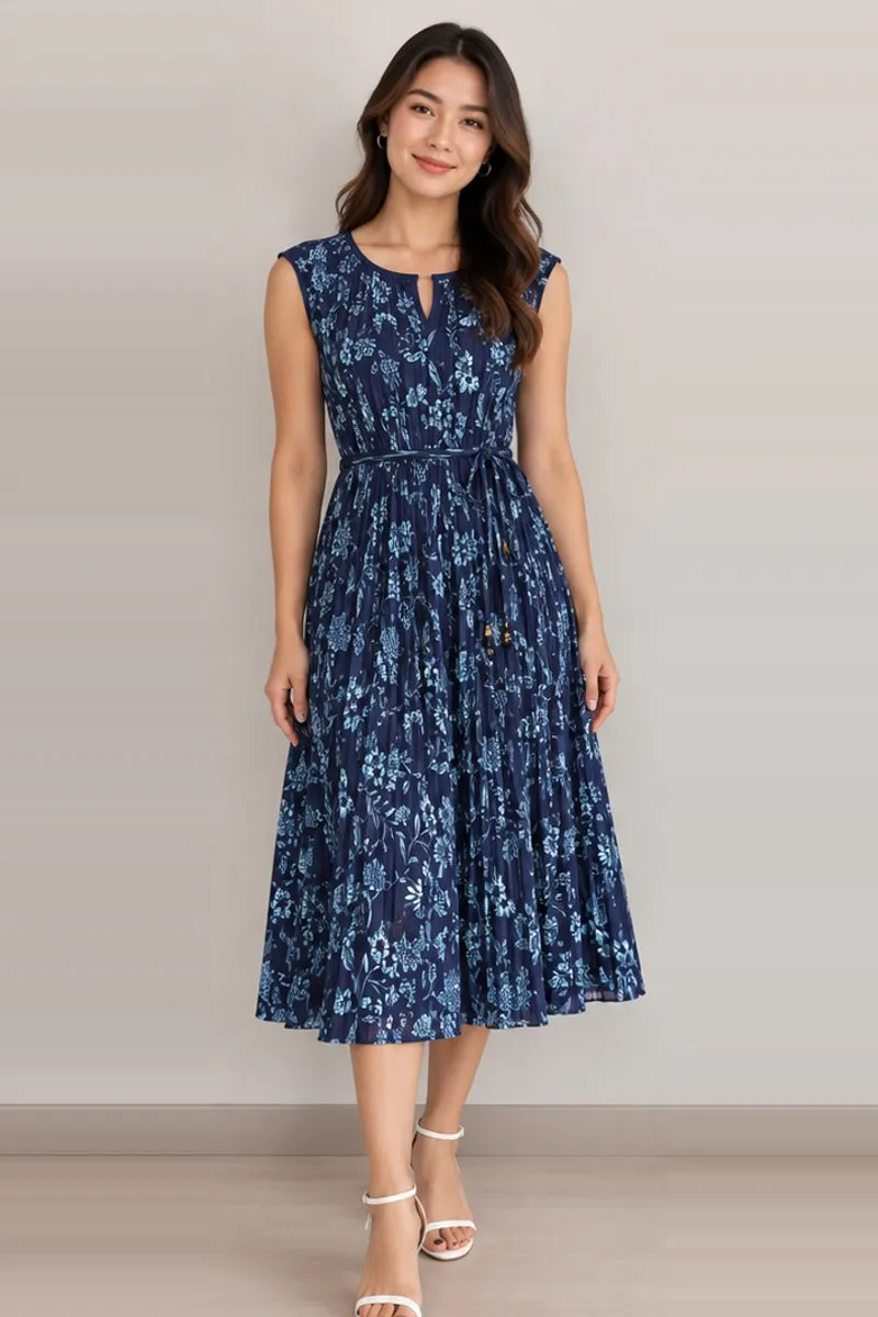Vintage navy floral fit and flare midi dress, size S