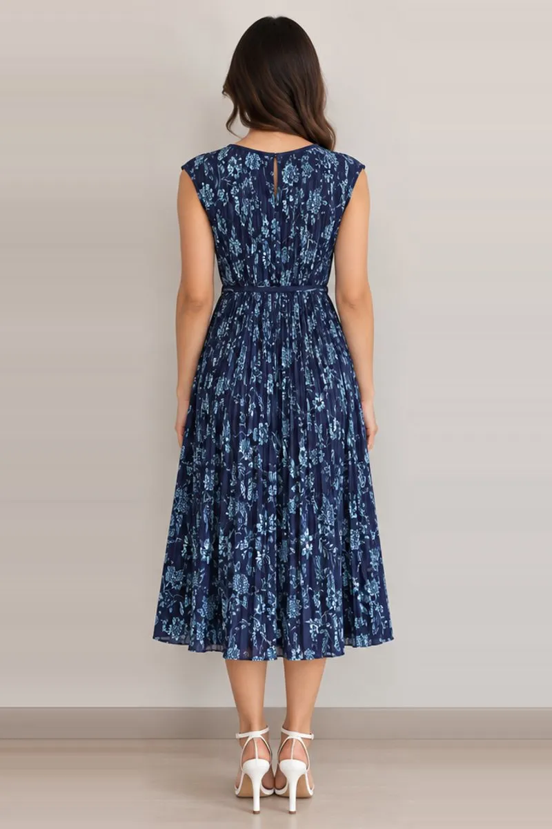 Vintage navy floral fit and flare midi dress, size S, photo 2 of 6