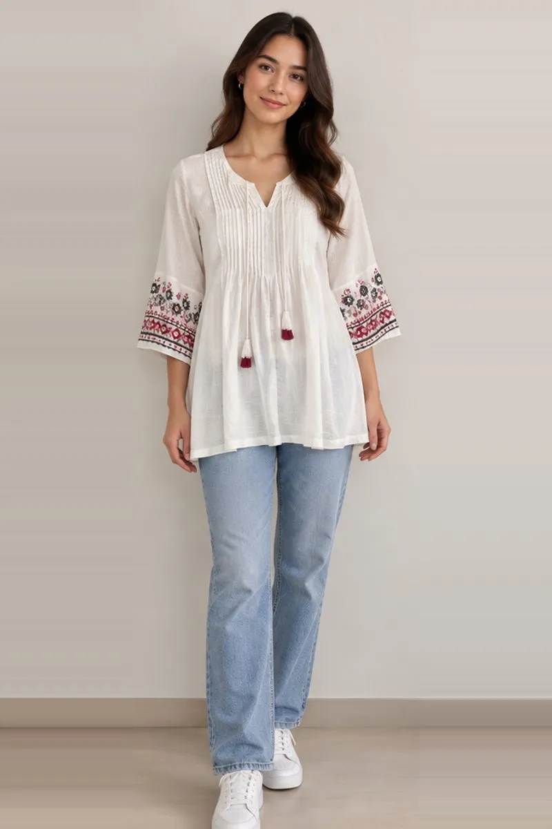 Vintage Rangmanch white embroidered fusion top, size M