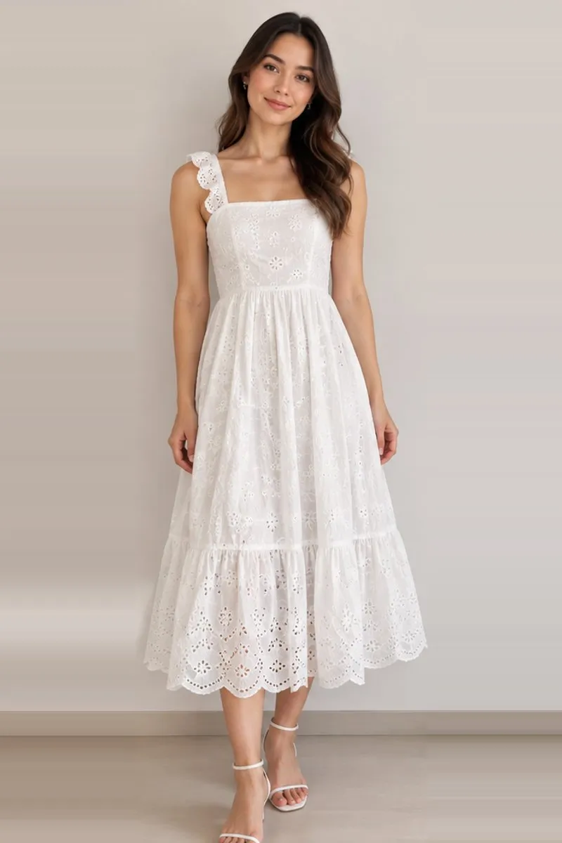 Vintage white eyelet fit and flare midi dress, size S